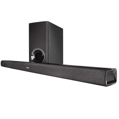 Denon DHT-S316 Sound Bar with Wireless Subwoofer in black, featuring Dolby Digital and DTS sound.