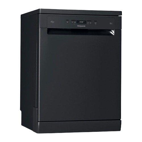 Hotpoint Extra HFC 3C26 WC B UK Dishwasher in black with adjustable baskets, third cutlery tray, and stainless steel interior.