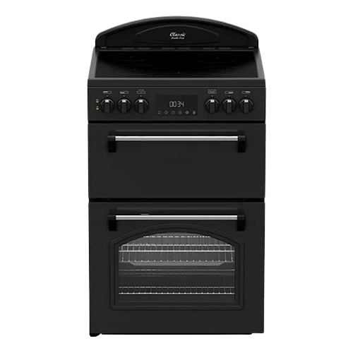 Leisure electric cooker with dual ovens, 4-zone ceramic hob, AeroPro airflow, and LED controls.