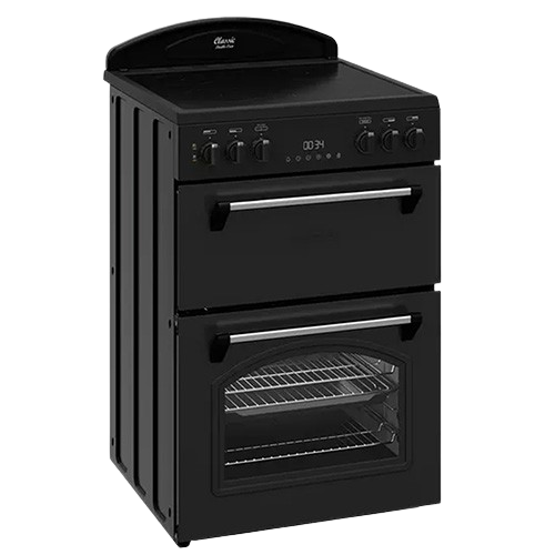 Leisure electric cooker with dual ovens, 4-zone ceramic hob, AeroPro airflow, and LED controls.