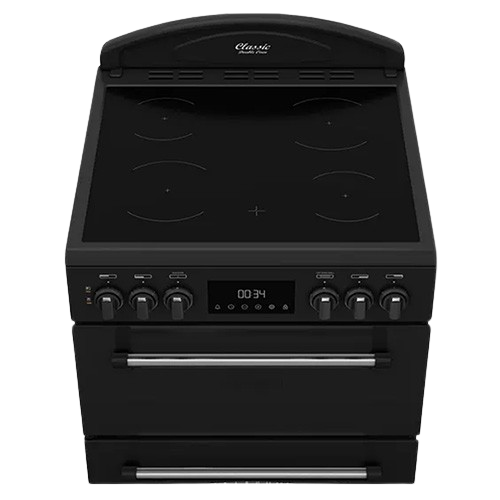 Leisure electric cooker with dual ovens, 4-zone ceramic hob, AeroPro airflow, and LED controls.