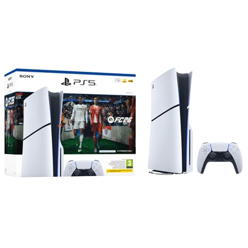 PlayStation 5 console with DualSense controller and EA Sports FC 26 game artwork
