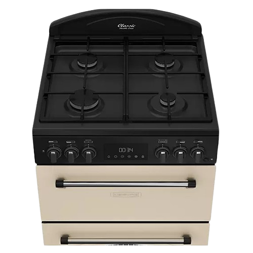 Leisure dual fuel cooker with traditional oven cooking and easy-clean liners.