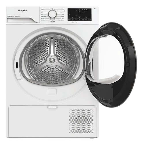 Hotpoint 8kg Heat Pump Tumble Dryer in white with PetHairCare and DelicateDry features