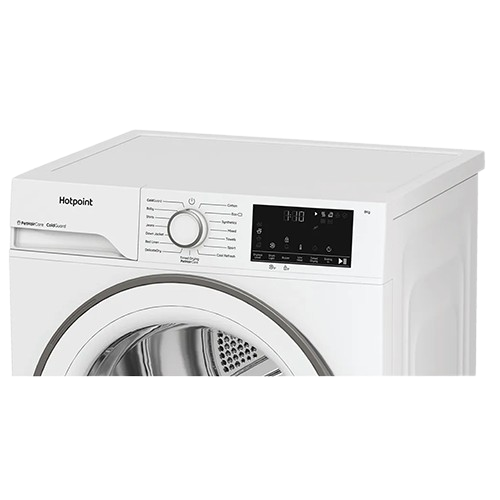 Hotpoint 8kg Heat Pump Tumble Dryer in white with PetHairCare and DelicateDry features