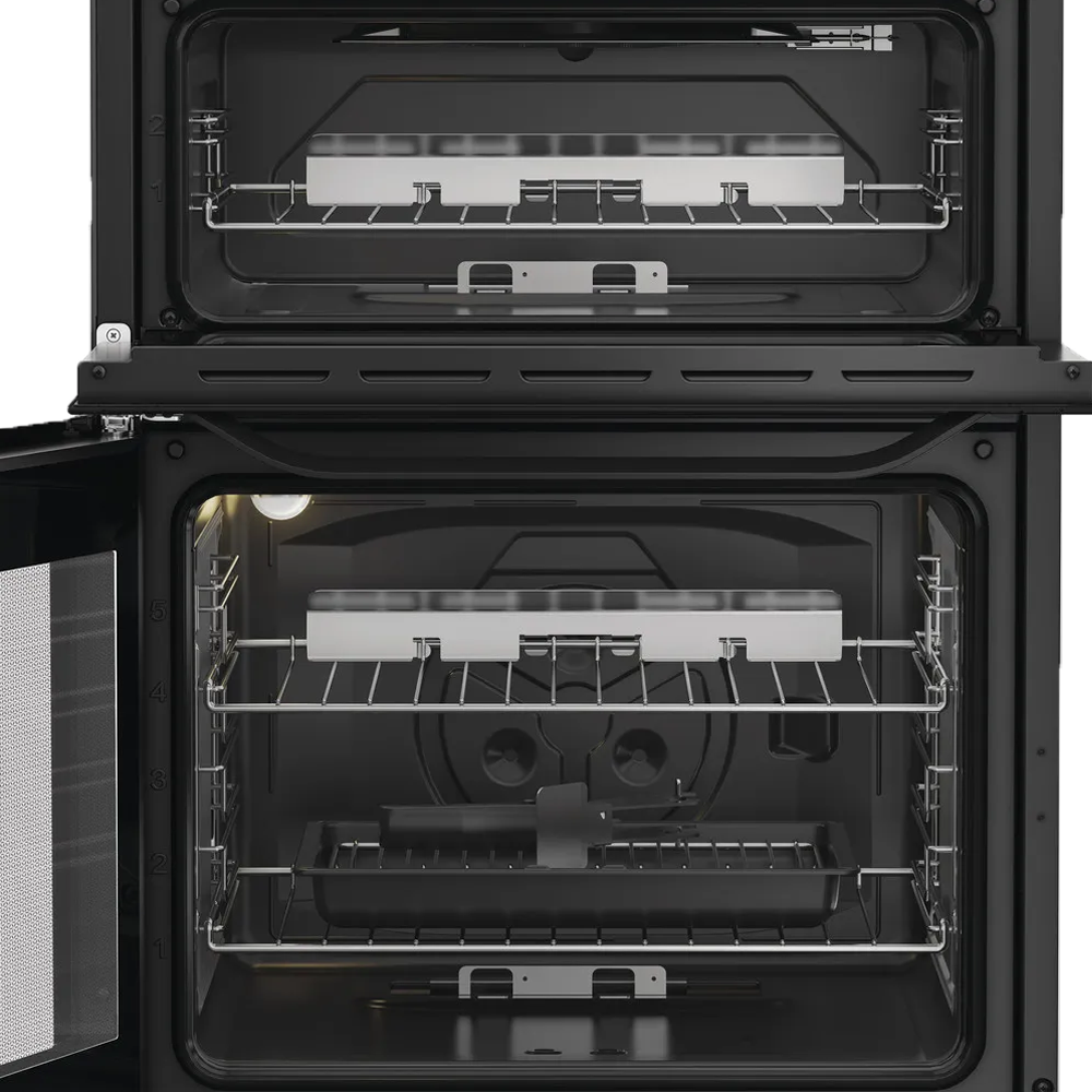 Hotpoint black freestanding gas cooker with glass lid and double oven