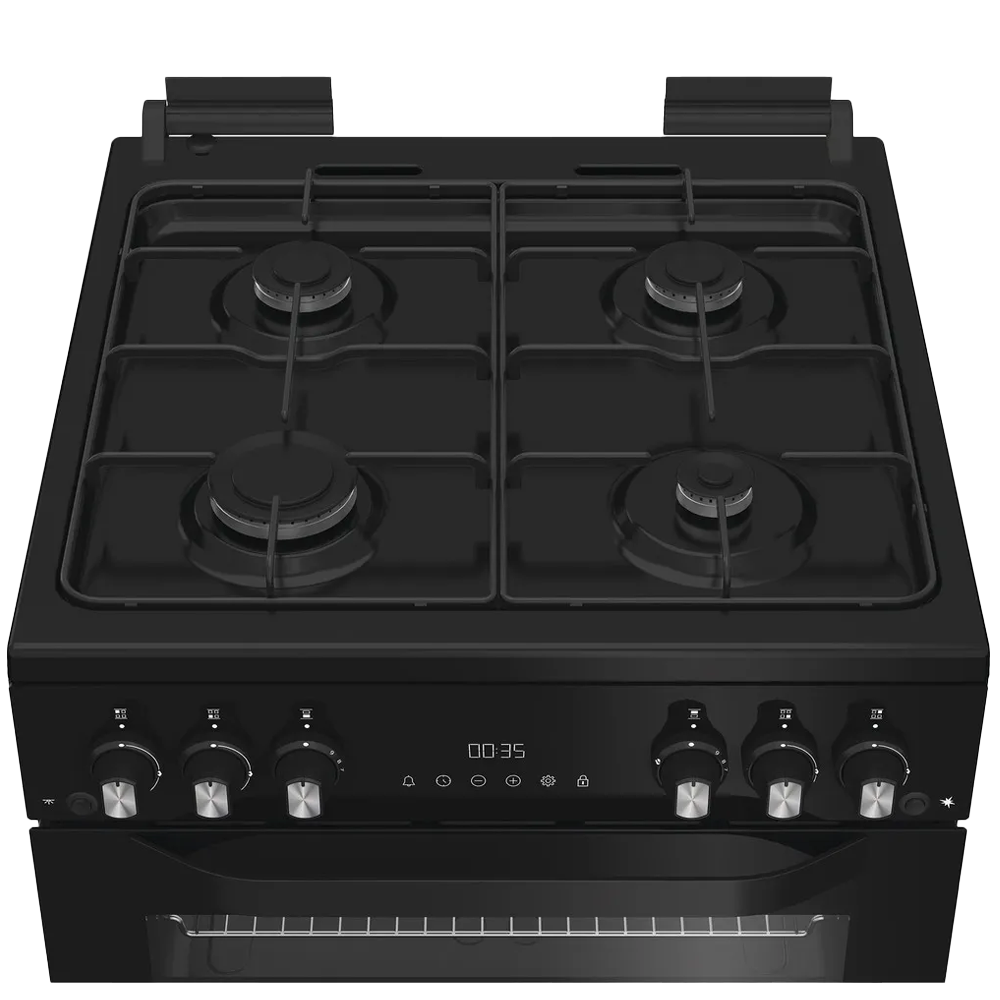 Hotpoint black freestanding gas cooker with glass lid and double oven