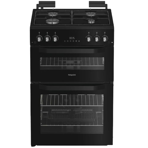 Hotpoint black freestanding gas cooker with glass lid and double oven