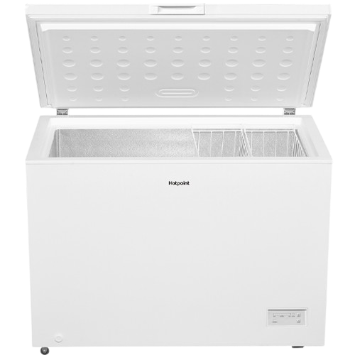 Hotpoint white chest freezer with large 371 litre capacity and lift-up lid