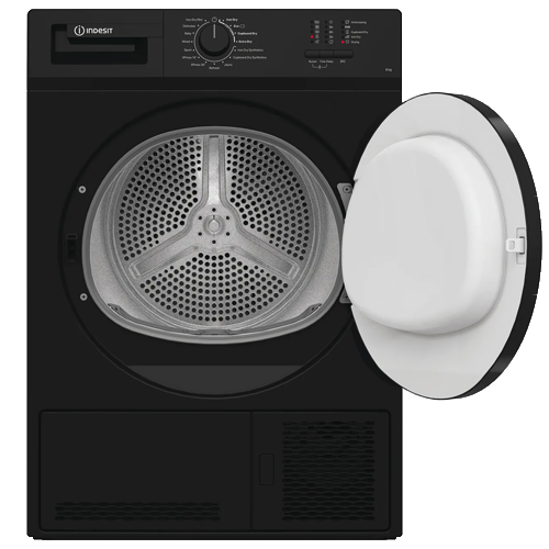 Indesit condenser tumble dryer with front loading door and modern white finish