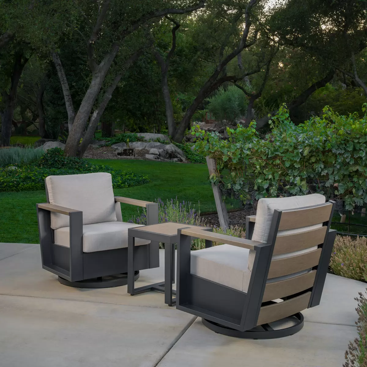 SunVilla Archer 3 piece patio seating set with swivel glider chairs and side table
