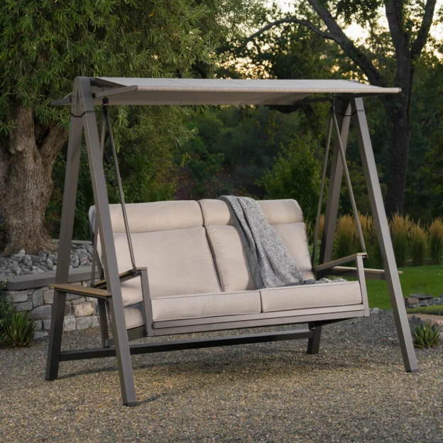 Pine Knoll outdoor garden swing with canopy and cushioned seating