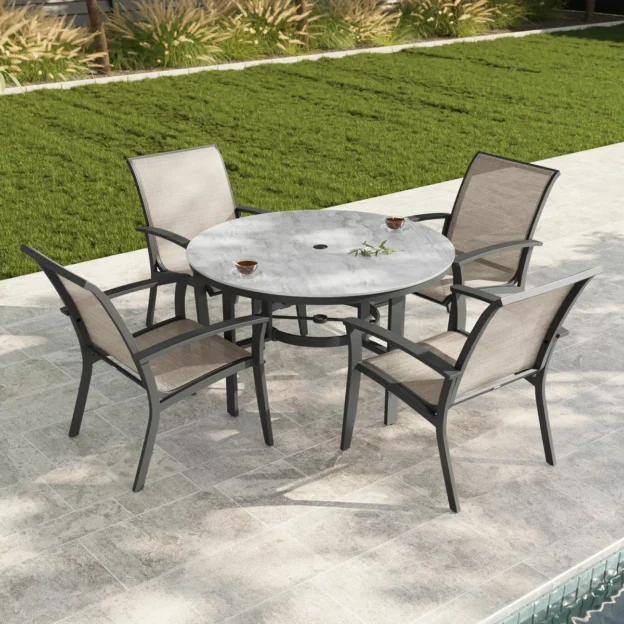 Clearfield 5 piece sling dining set with aluminium frame and stone tabletop