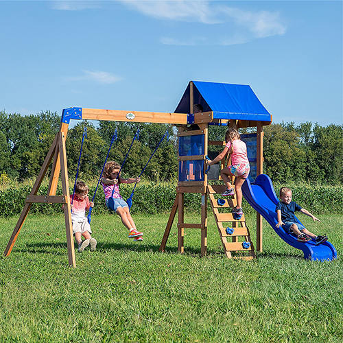 Backyard Discovery Aurora swing set with slide swings and climbing wall