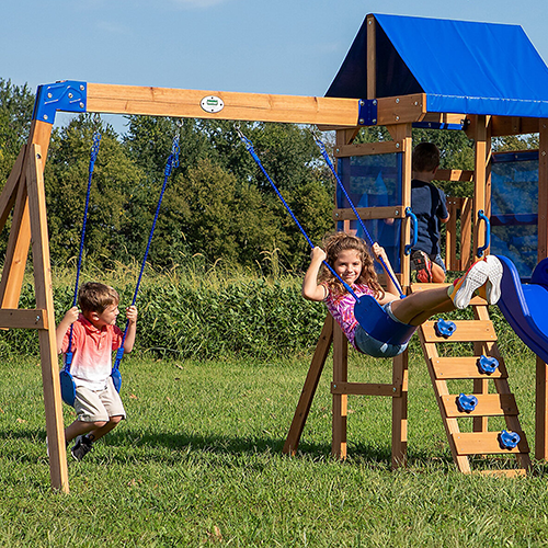 Backyard Discovery Aurora swing set with slide swings and climbing wall