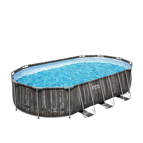 Bestway Steel Pro MAX oval above-ground swimming pool with ladder, filter pump, and wood-effect finish