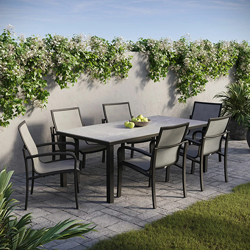 Maxwell 7 piece sling dining set with aluminium frame and sintered stone table