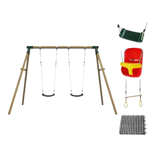 Plum Ultimate two person wooden swing set with baby seat and trapeze
