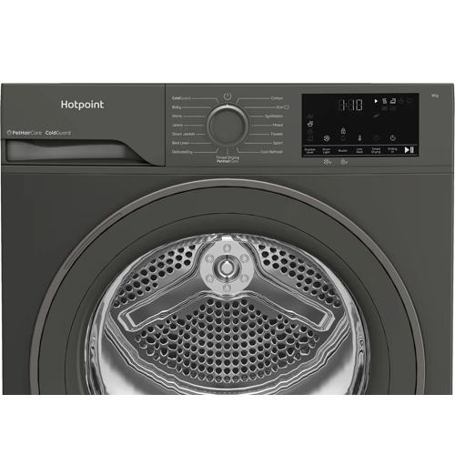Hotpoint 8kg heat pump tumble dryer featuring sensor drying and PetHairCare technology.