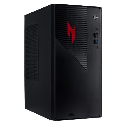 Acer NITRO 20 N20-101 mini tower gaming desktop PC in black and red with Intel Core 5 processor and NVIDIA RTX 5050 graphics.